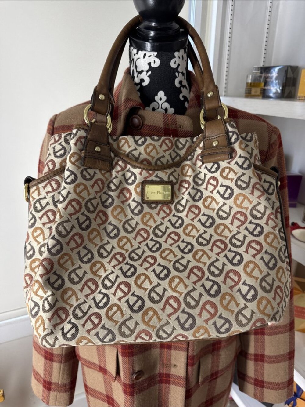 Vintage ETIENNE AIGNER Monogram Canvas Handbag Handmade RARE Good Condition